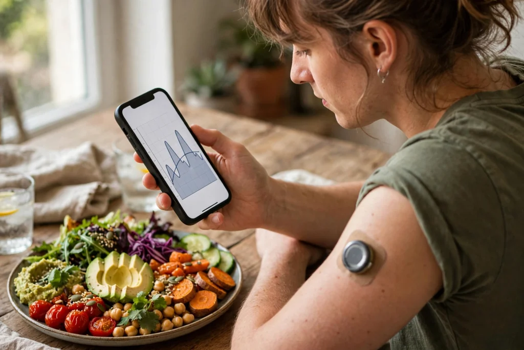 Glucose Monitors Help Type 2 Diabetes Patients, Major Trial Finds A person checking a glucose monitor reading on a smartphone beside a plant-based meal