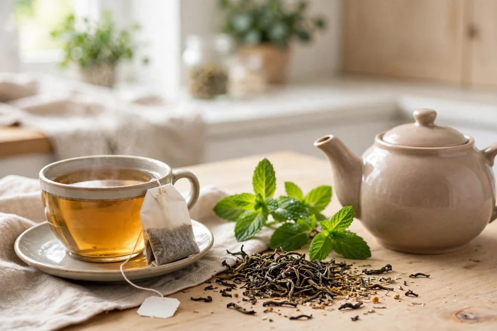 Your Tea Bag May Be Shedding Microplastics Into Every Cup A cup of tea with a tea bag, loose tea leaves and fresh mint on a kitchen table