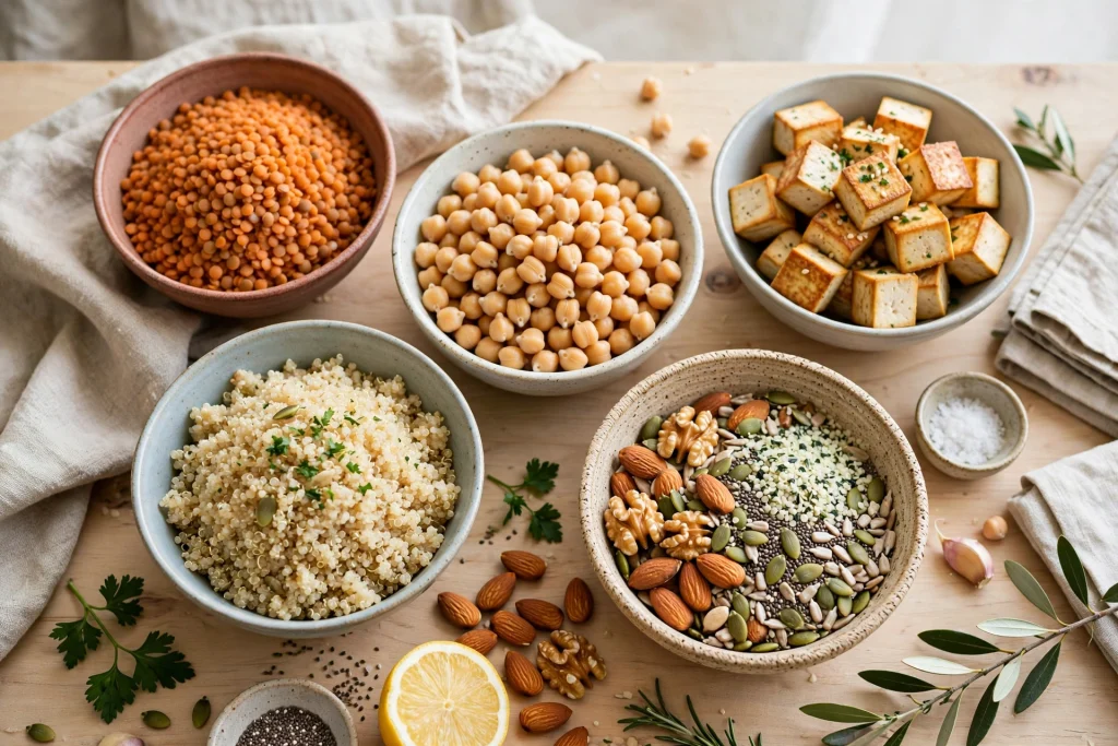 Bowls of lentils, chickpeas, tofu, quinoa, nuts and seeds for a plant protein guide