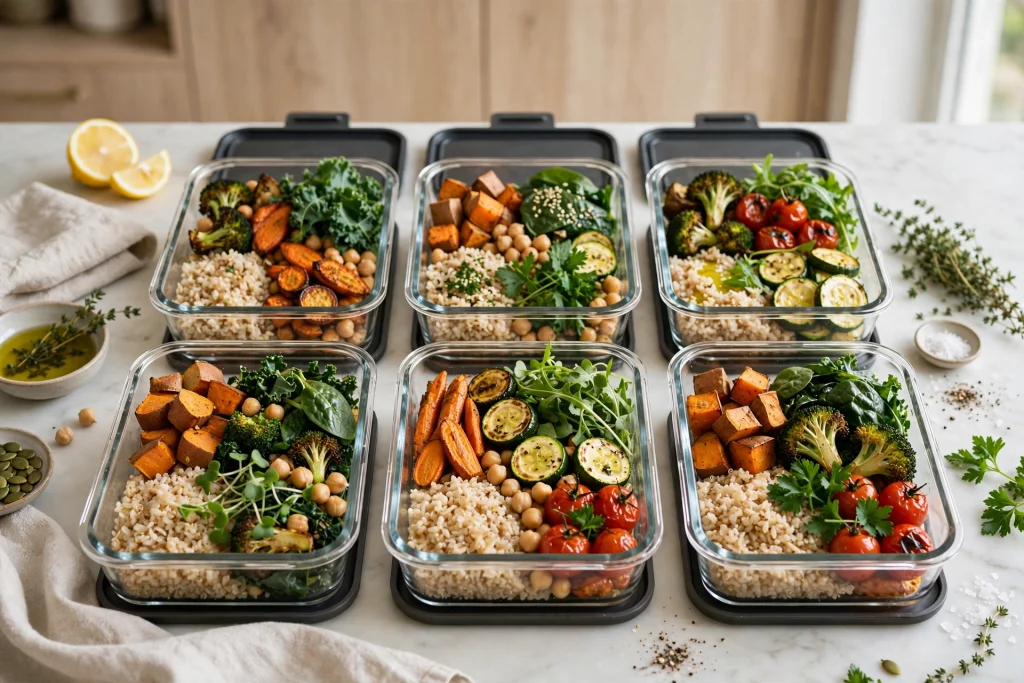 Meal prep containers with grains, roasted vegetables and greens for vegan meal prep