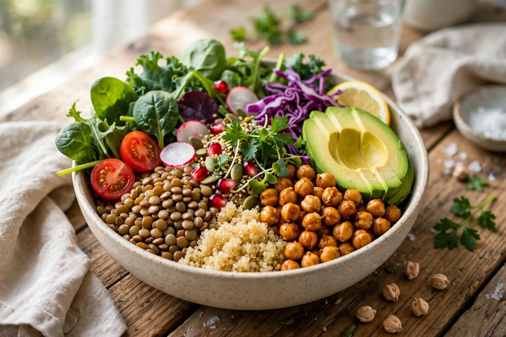Vegan protein bowl with lentils, chickpeas, quinoa and leafy greens